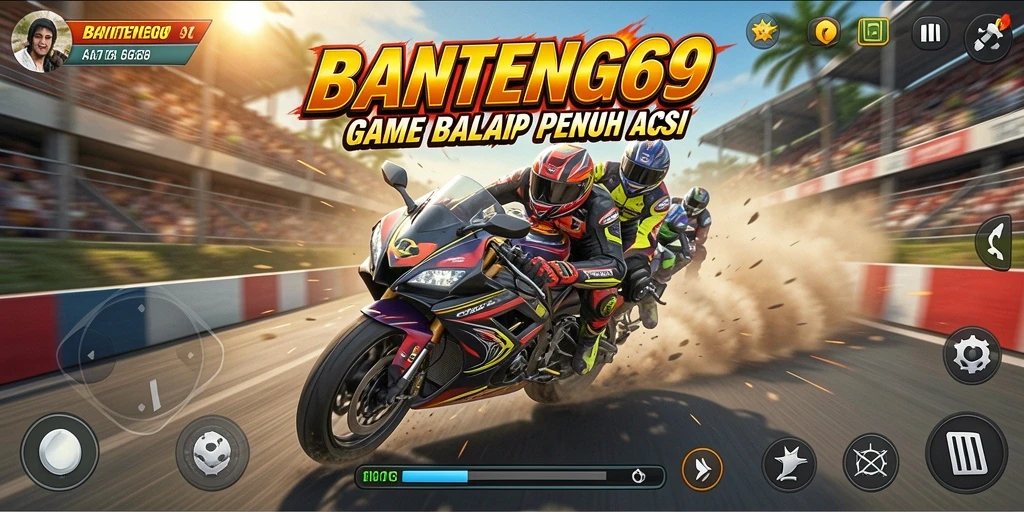 Tampilan gameplay seru di BANTENG69 saat balapan motor.