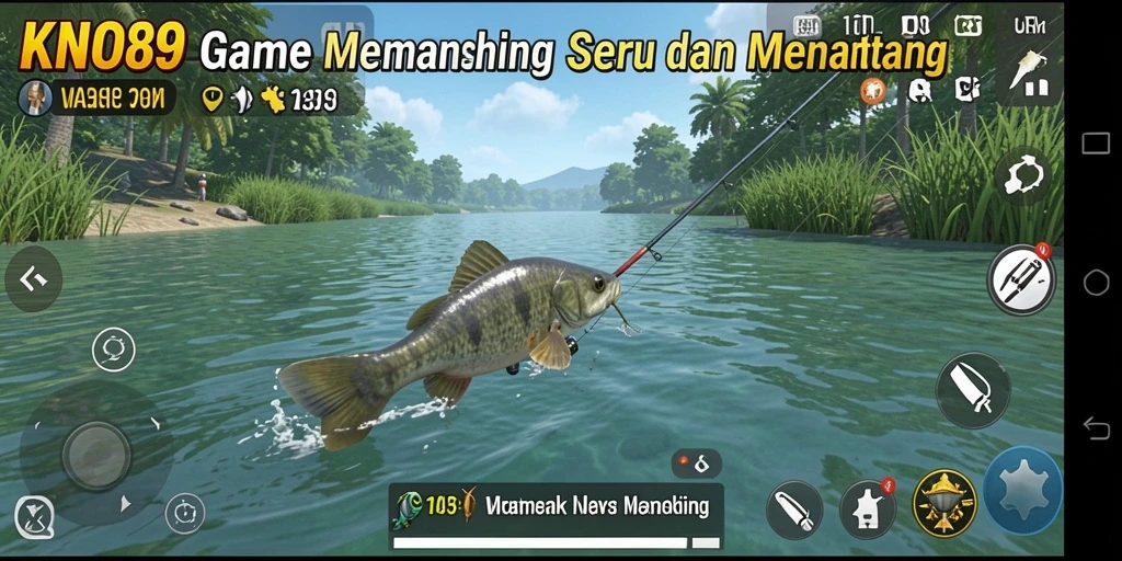 Gameplay KNO89 yang menggembirakan saat memancing ikan di lokasi indah.